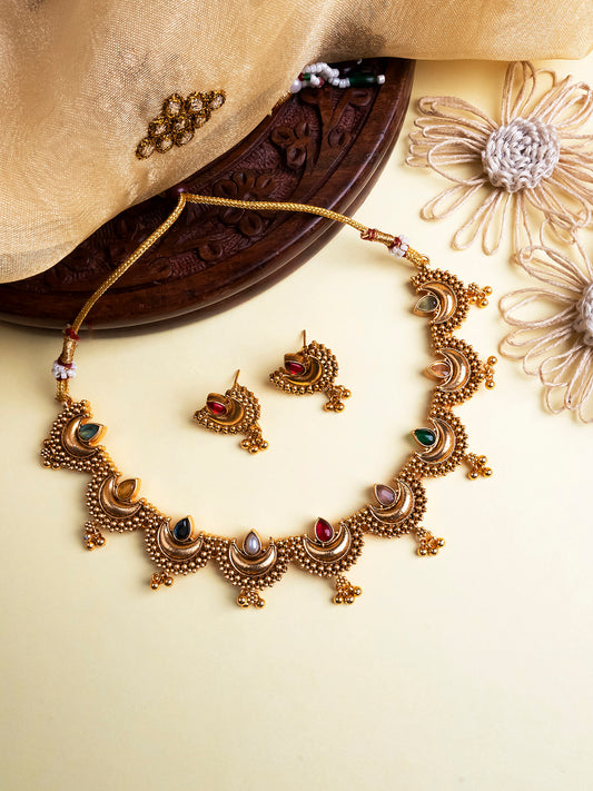 Gold Finish Multicolor Half Moon Shape Necklace Set