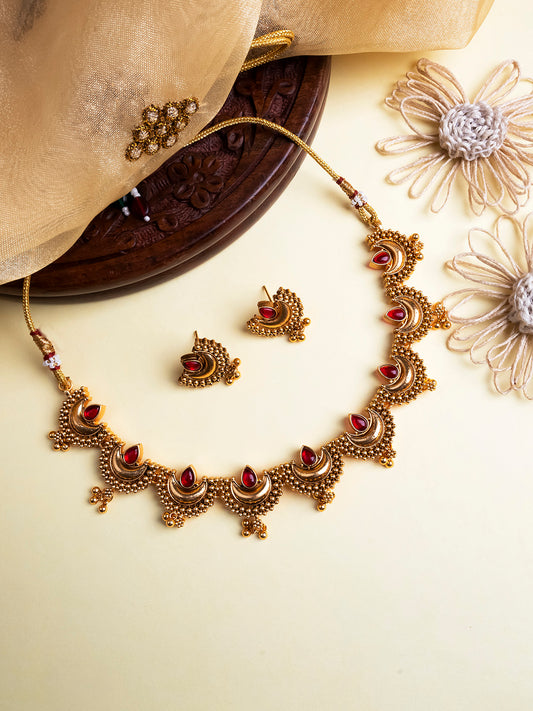 Gold Finish Red Half Moon Shape Necklace Set