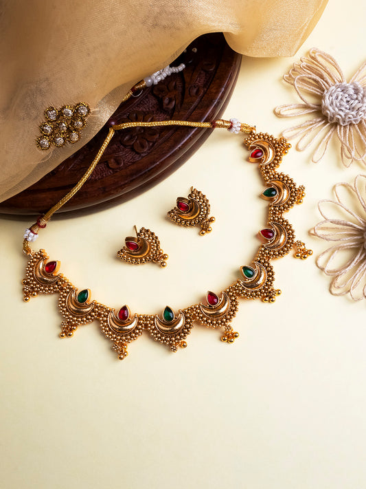 Gold Finish Red-Green Half Moon Shape Necklace Set