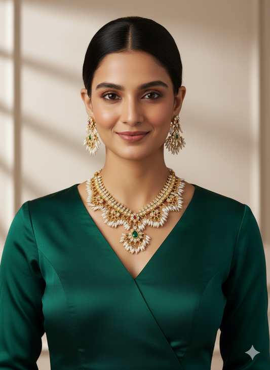 Handcrafted South Indian Guttapusalu Necklace Set | Gold Plated Pearl Temple Jewelry for Women