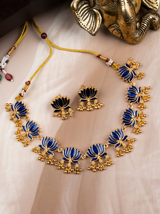 Handpainted Blue Lotus Meenakari Necklace Set | Ethnic Festive Jewelry