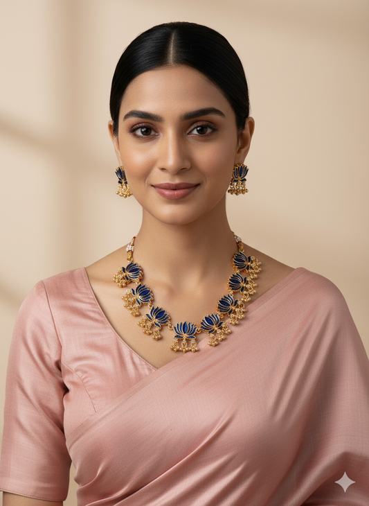 Handpainted Blue Lotus Meenakari Necklace Set | Ethnic Festive Jewelry