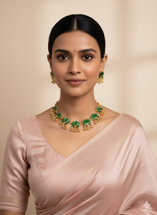 Handpainted Green Lotus Meenakari Necklace Set | Ethnic Festive Jewelry