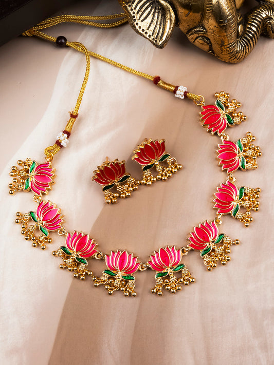 Handpainted Multicolor Lotus Meenakari Necklace Set | Ethnic Festive Jewelry