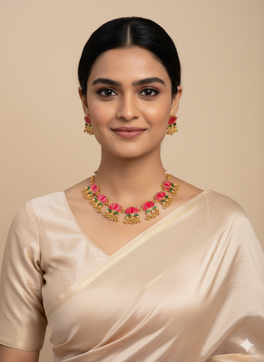 Handpainted Multicolor Lotus Meenakari Necklace Set | Ethnic Festive Jewelry