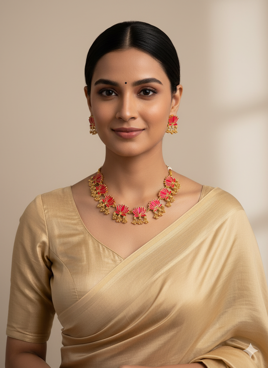 Handpainted Ruby Lotus Meenakari Necklace Set | Ethnic Festive Jewelry