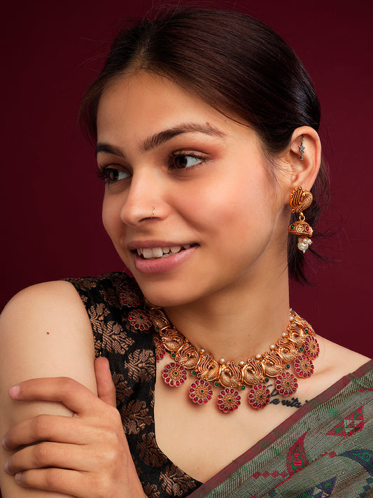 Traditional Multicolor Copper-made Kempu Flower Motif Necklace Set