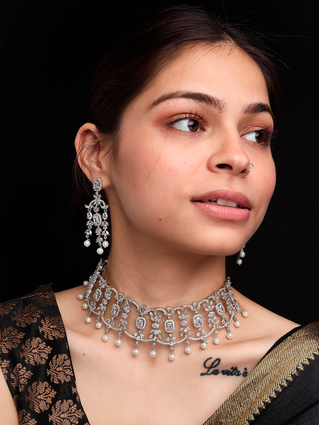 Matching AD CZ chandelier earrings with pearl drops