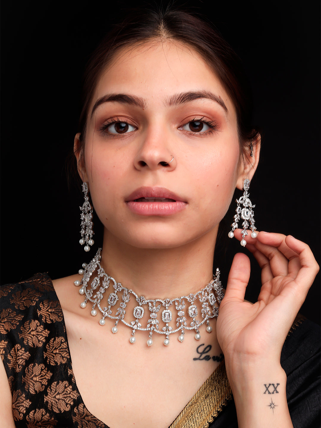 Silver-toned AD CZ choker necklace set with pearl drops and matching earrings