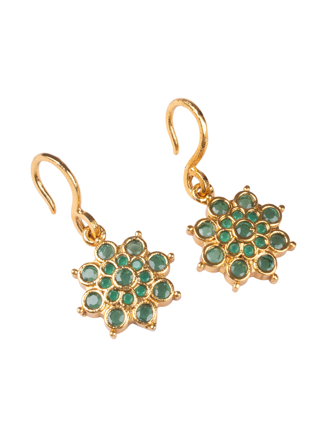 Sleek copper necklace with AD stone floral design earrings closeup