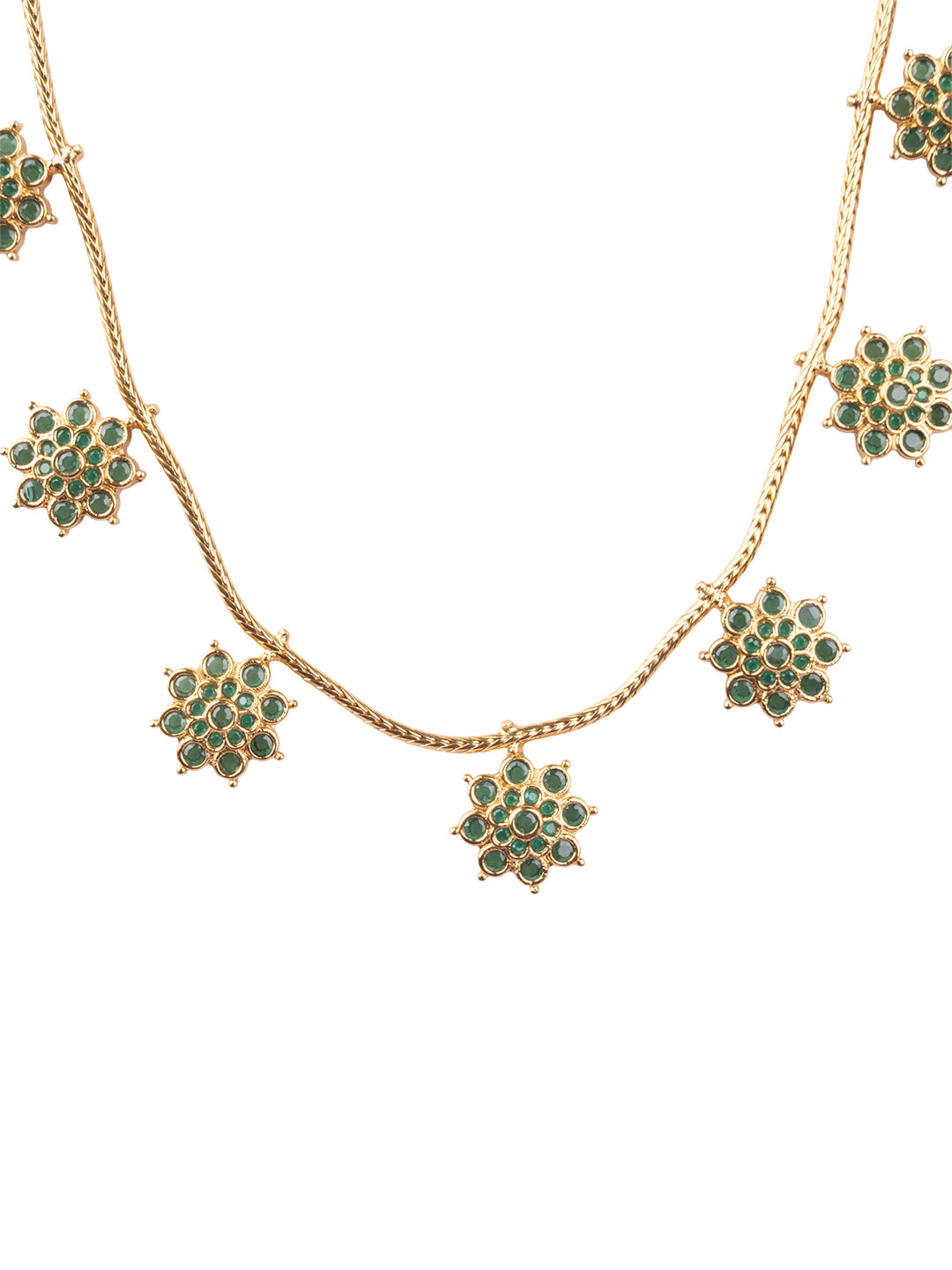 Sleek copper necklace with AD stone floral design closeup view
