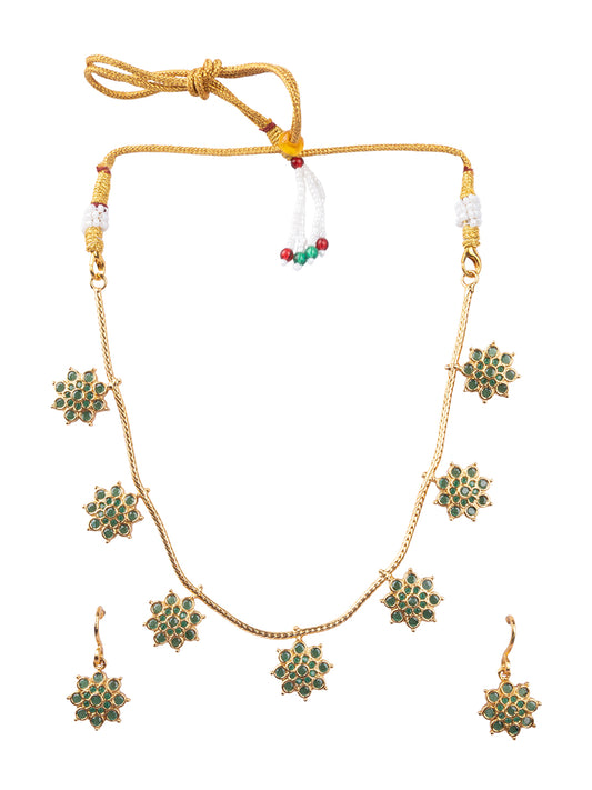 Sleek copper necklace with AD stone floral design, white front view