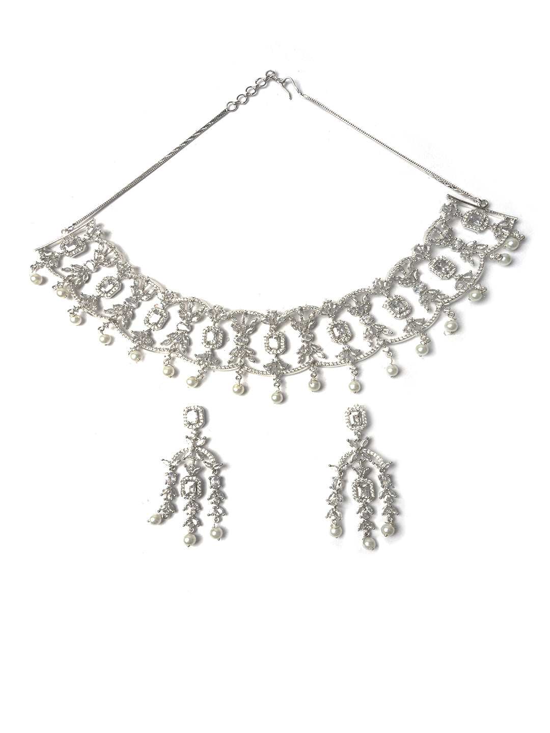 Silver-toned AD CZ choker necklace set with pearl drops and matching earrings