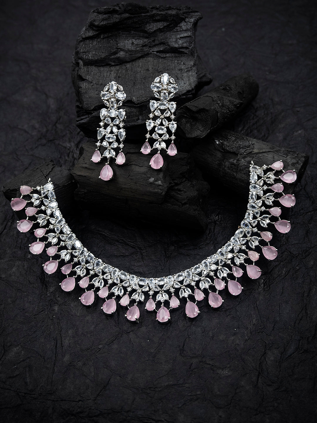 Silver-toned pink AD CZ floral necklace set with teardrop drops and matching earrings
