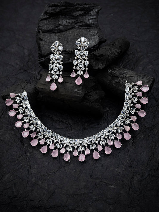 Silver-toned pink AD CZ floral necklace set with teardrop drops and matching earrings