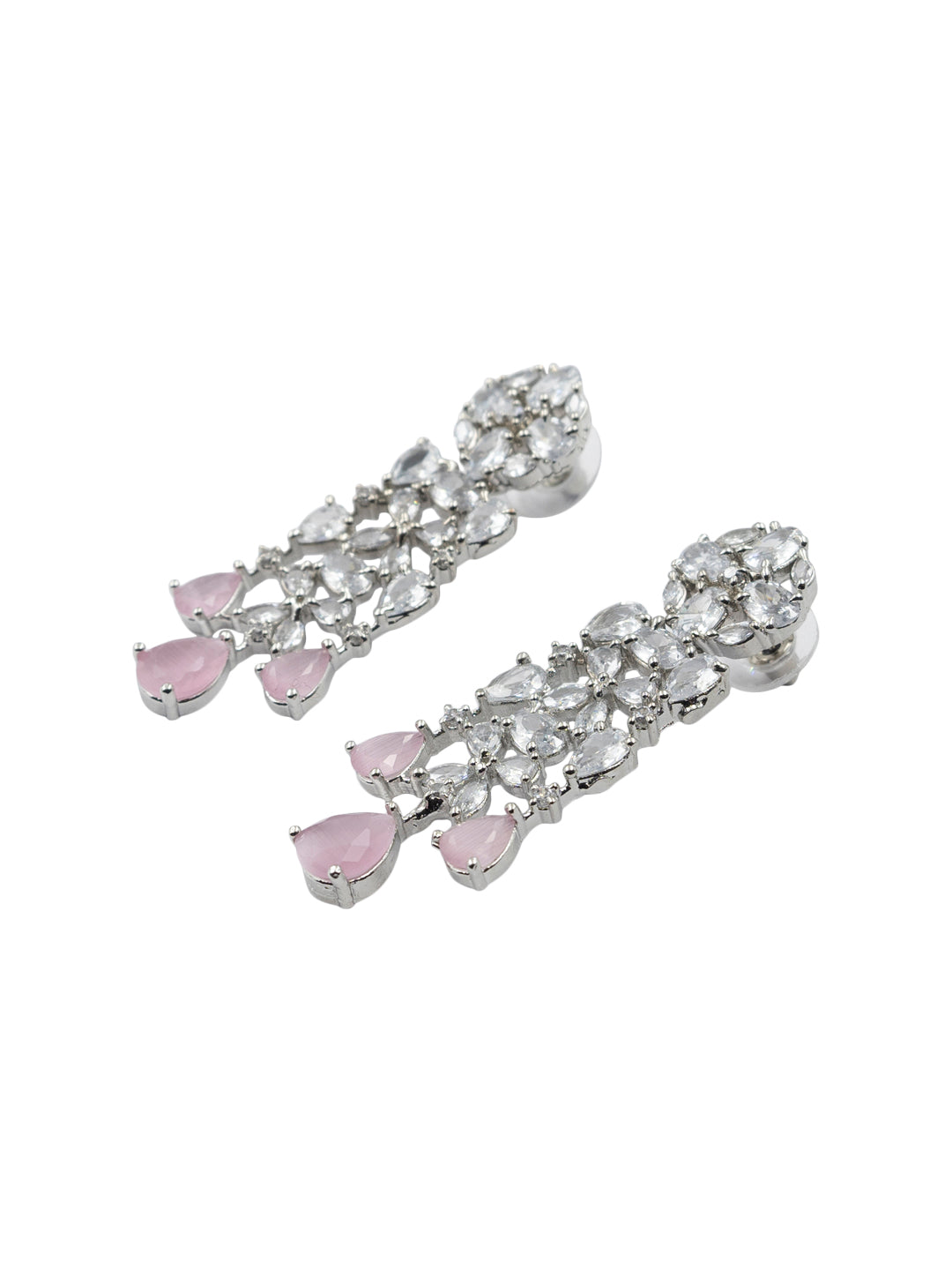 Matching pink CZ drop earrings with floral stud design backside