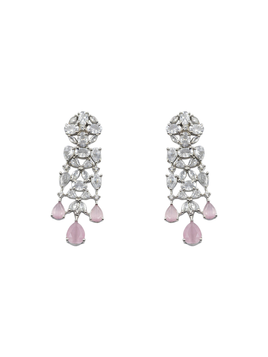 Matching pink CZ drop earrings with floral stud design
