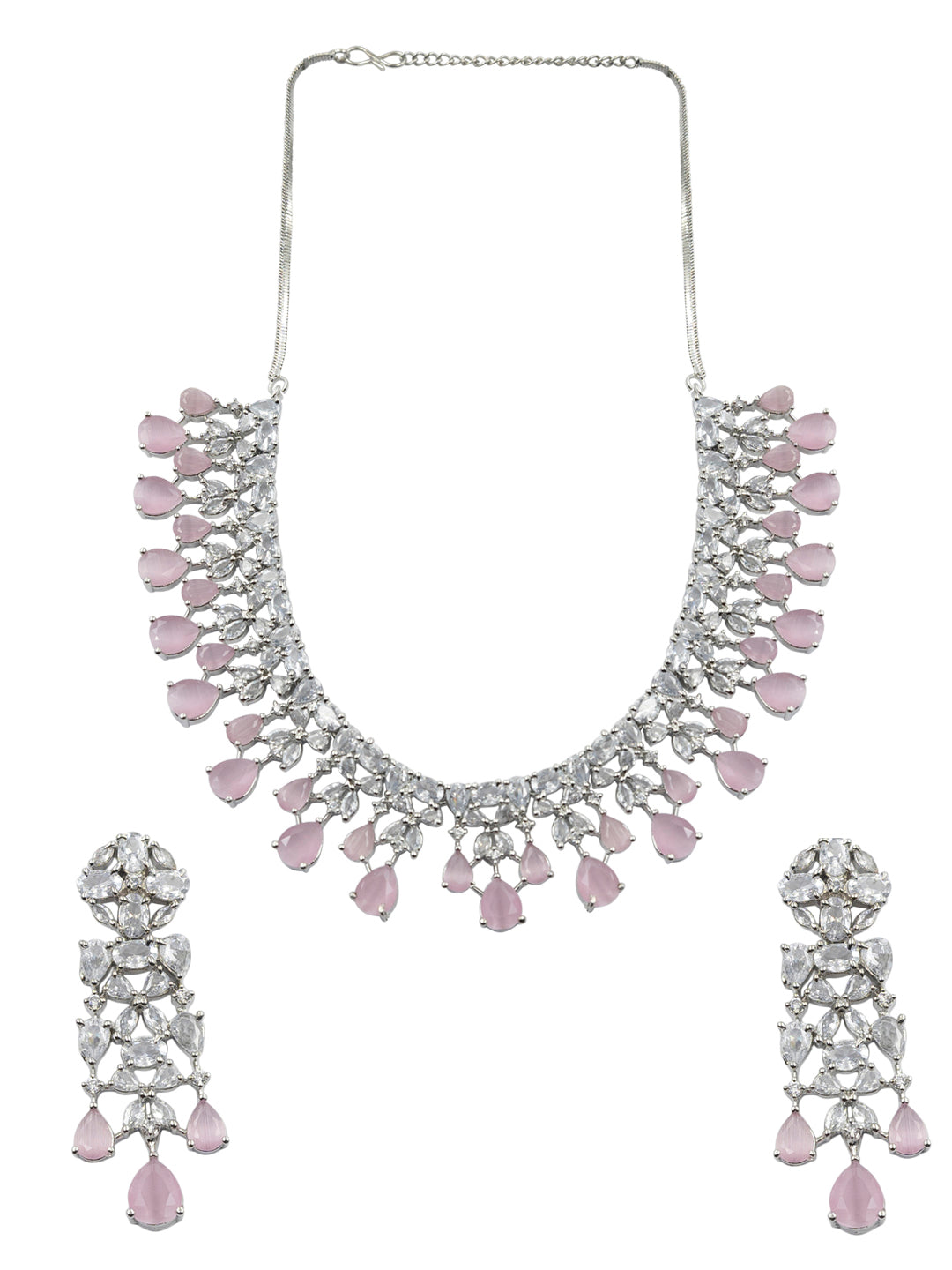 Close-up of floral CZ pattern with pink stone drops on necklace