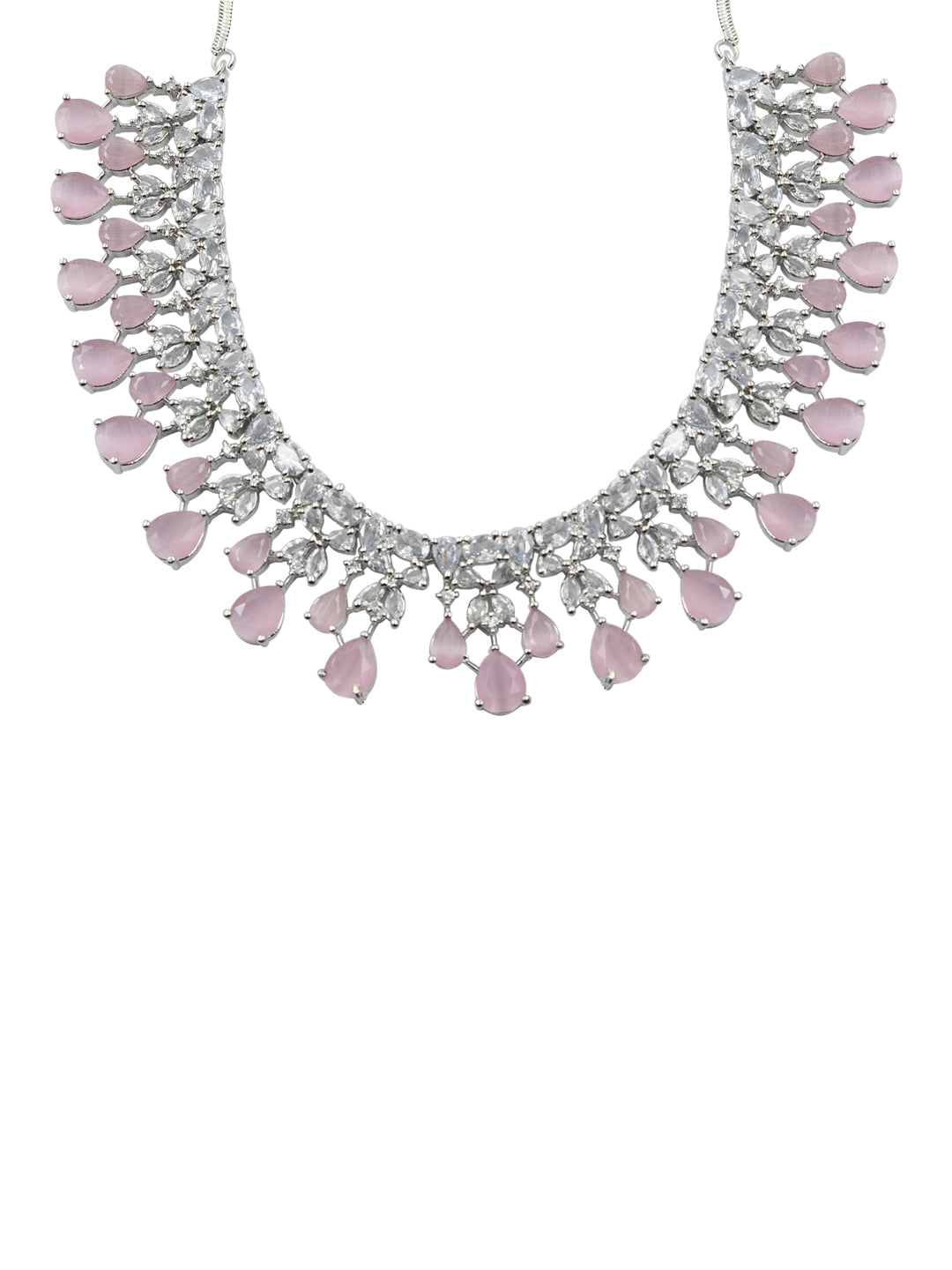 Close-up of floral CZ pattern with pink stone drops on necklace on white background