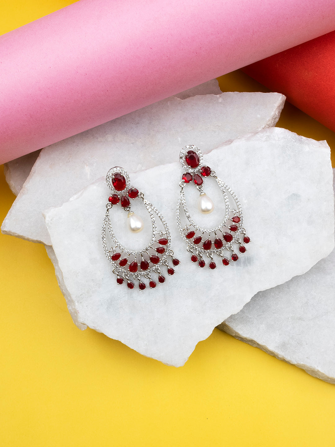 Red AD chandbali earrings with pearl drop centerpiece, silver-toned