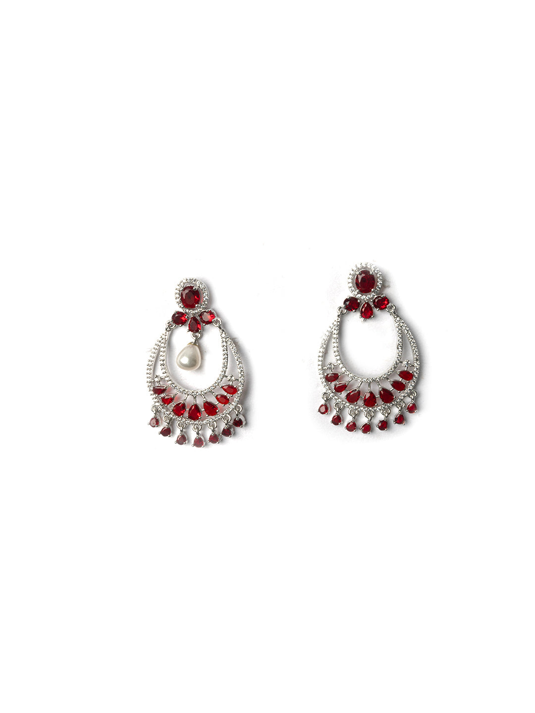 Red AD chandbali earrings with pearl drop centerpiece, silver-toned