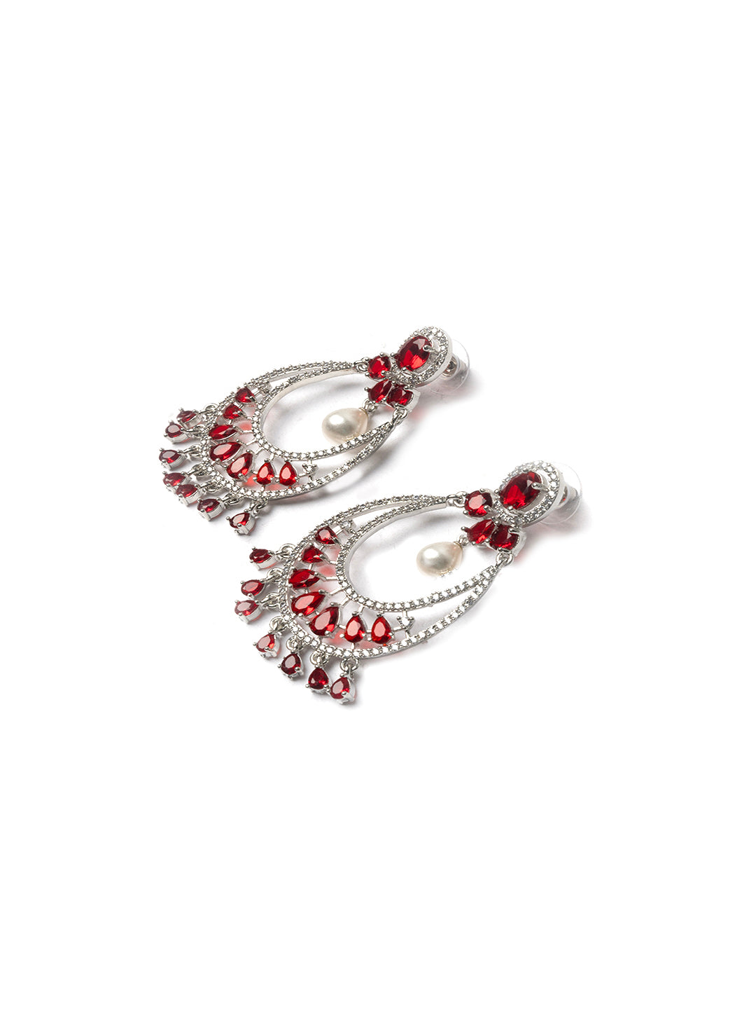 Red AD chandbali earrings with pearl drop centerpiece, silver-toned