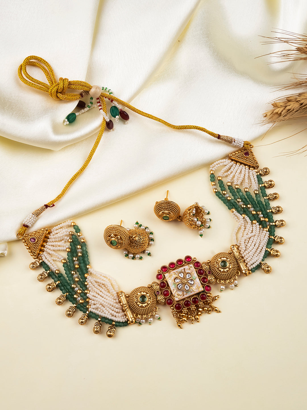 Square motif Rajwadi choker necklace with golden droplets