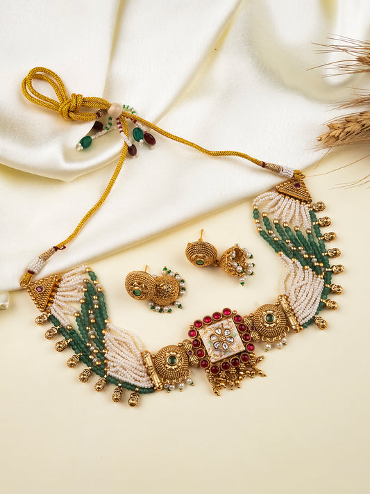 Square motif Rajwadi choker necklace with golden droplets